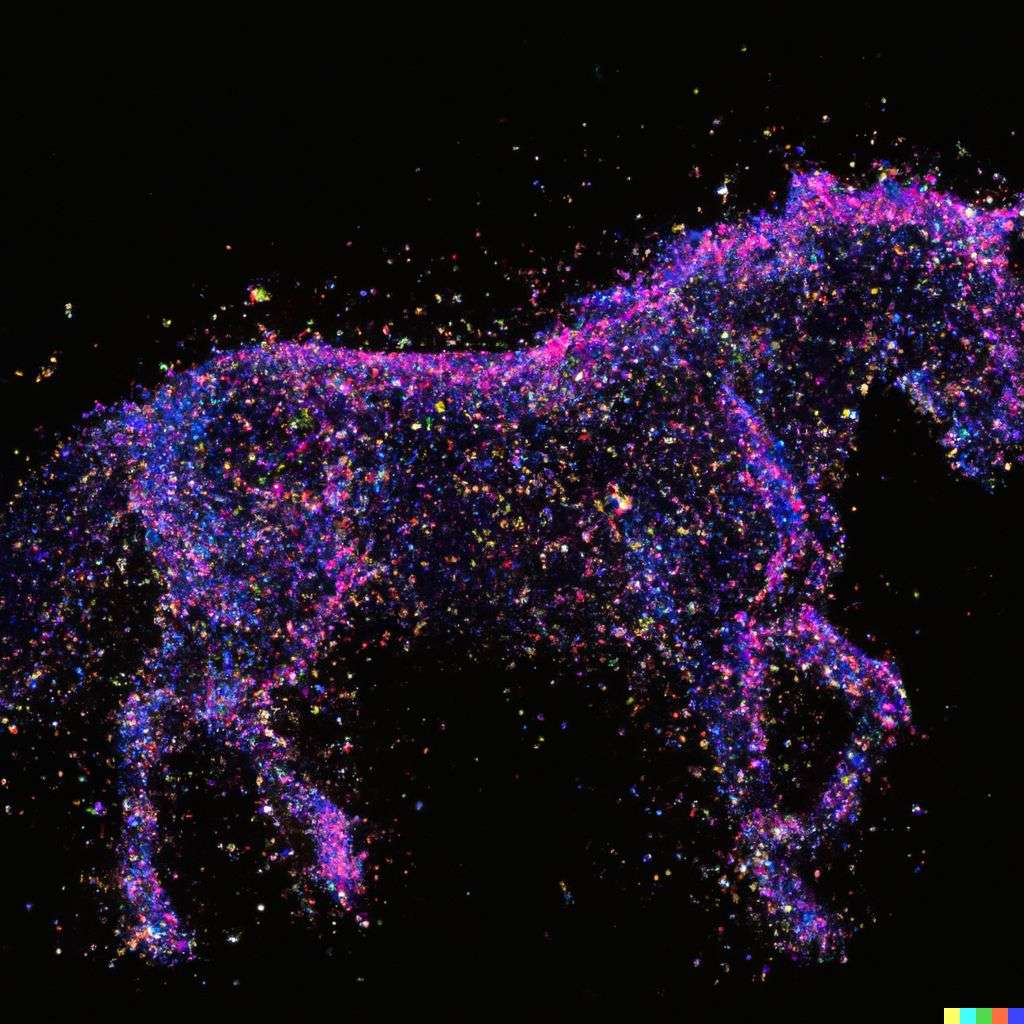 a horse, made from glowing multicolored luminescent particles, digital art